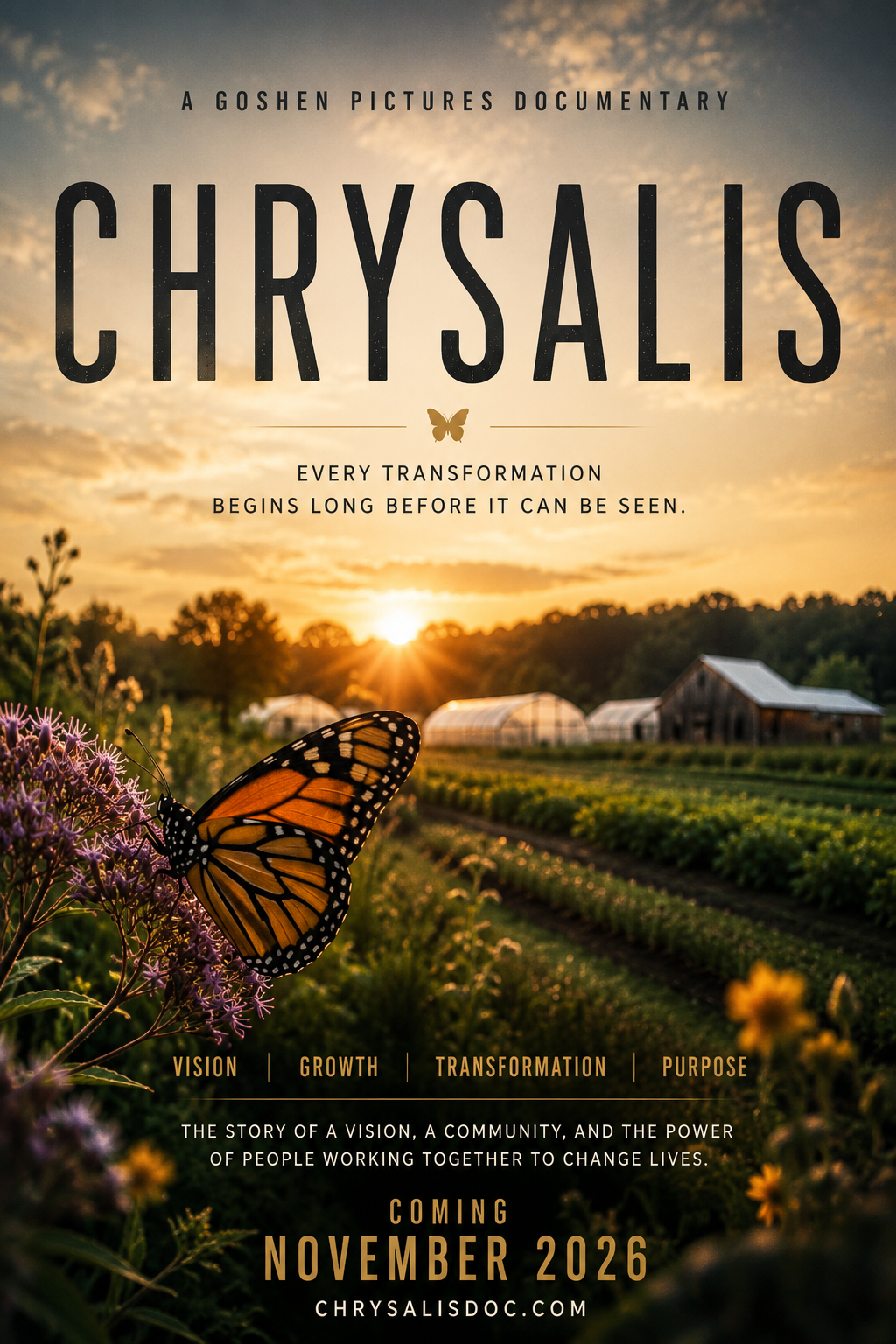 Official poster for Chrysalis: A Goshen Pictures documentary about transformation, community, and the power of people working together to change lives.