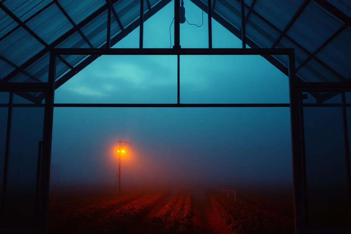 Empty greenhouse frame at twilight